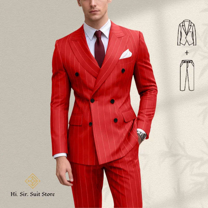 Men's 2-Piece Suit Plus Size Blazer European & American Fashion Striped Double-Breasted Suit Custom-Made Small Batch Blue Jacket