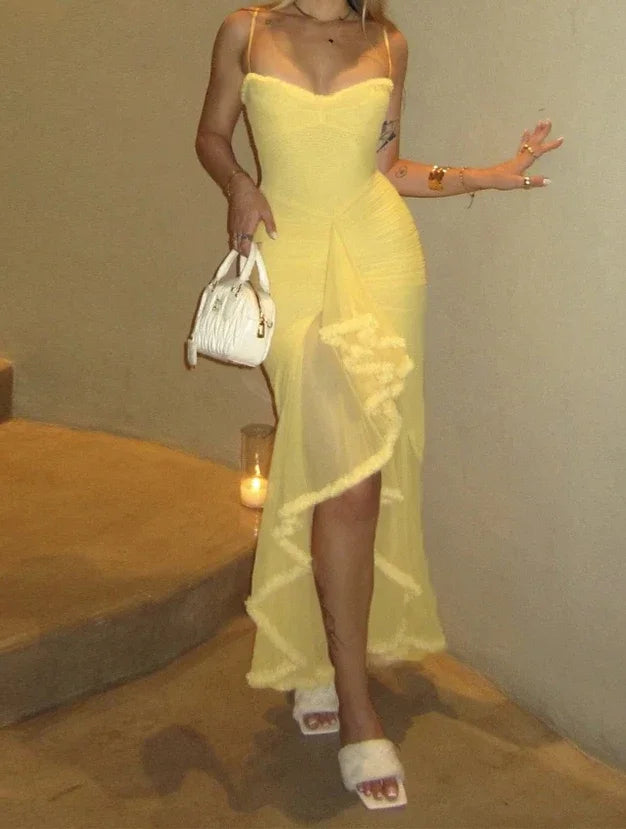 Weird Puss Ruffles Bandage Dress Women Sexy Backless Sleeveless Tassel Lace-Neck See Through Slits Hem Prom Party Long Bodycon