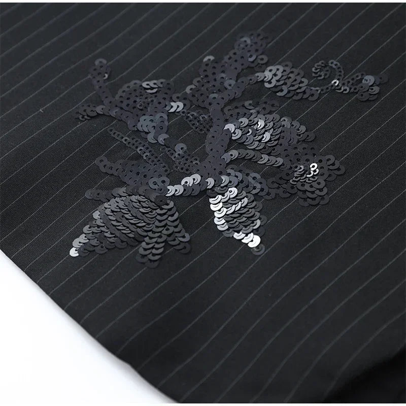 Women Black Floral Print Sequin Embroidery Two-piece Pant Suit Oversized Blazer Wide Leg Pants Formal Evening Matching Outfit