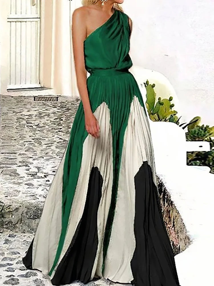 Women Fashion Printed Elegant Evening Maxi Dresses 2025 New Summer Sleeveless One-Shoulder Pleated A-line Long Dress