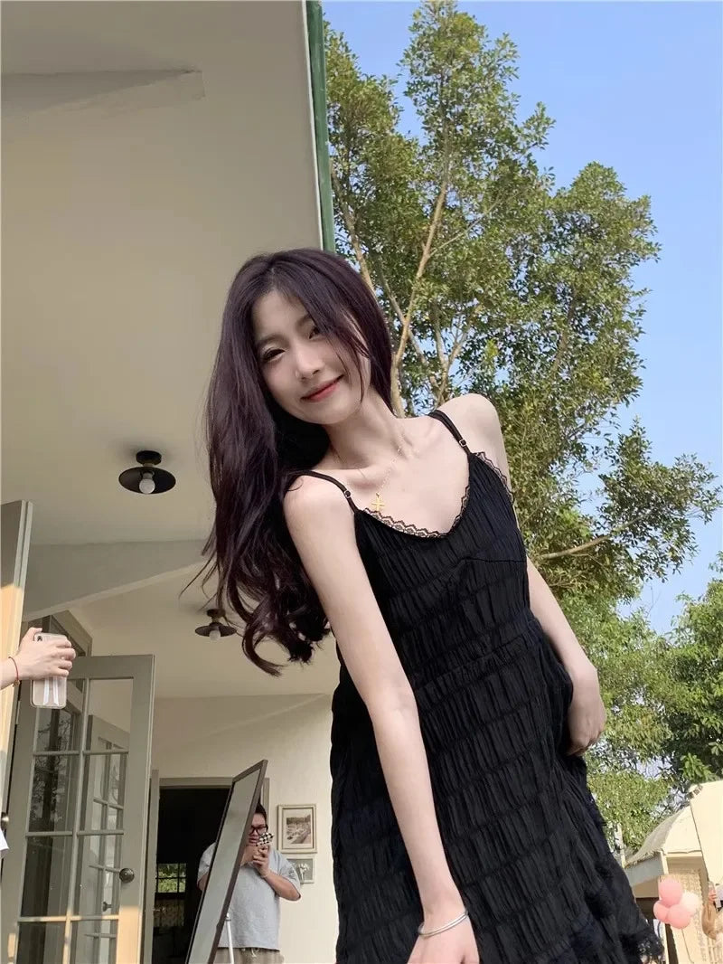 Summer  Long Vintage Casual Ruffles Elegant Maxi Strap Camis Silky Beach Lace Elegant Party Dress Vestidos Sexy Women