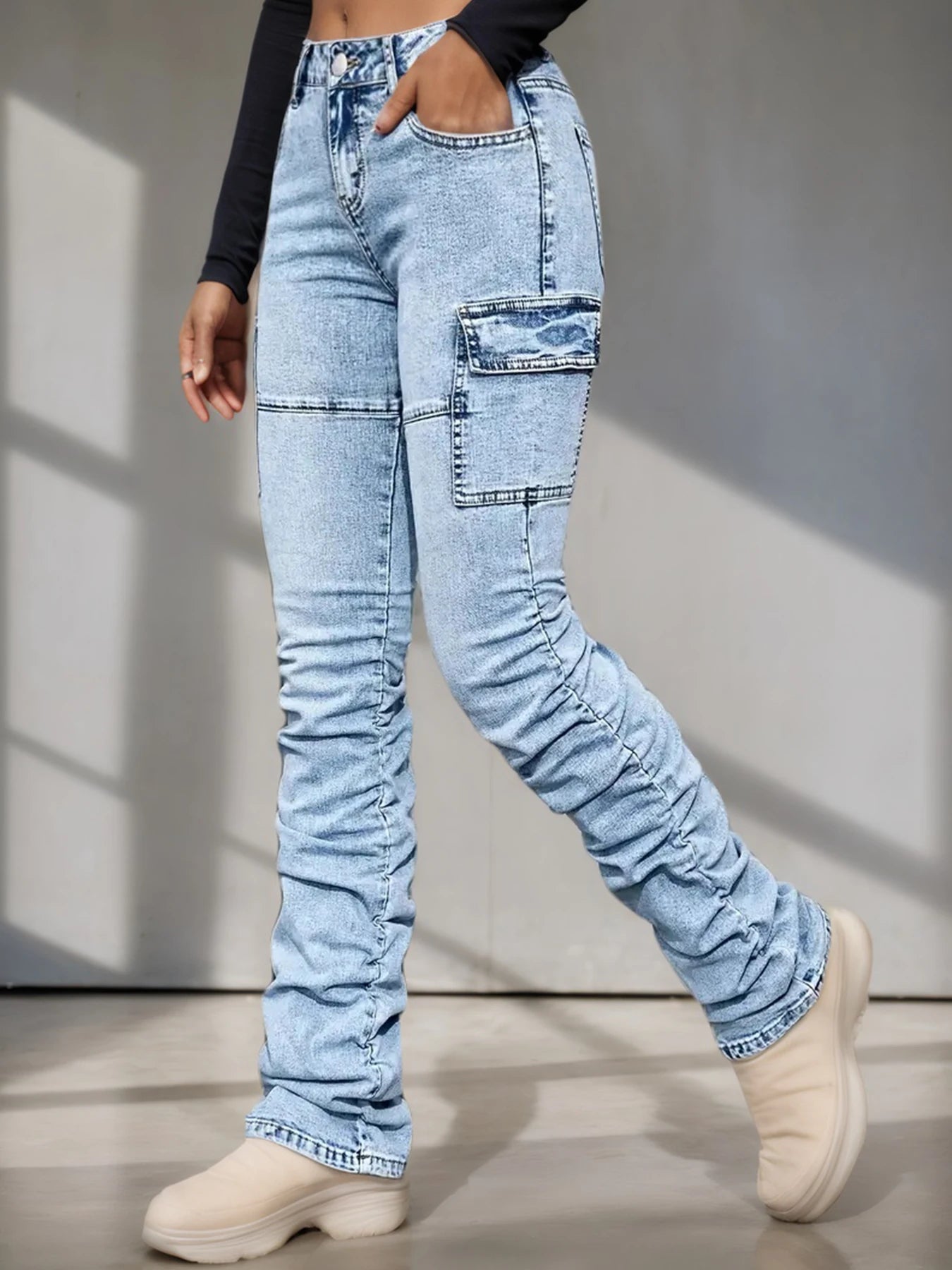 2025 New Women's High Waisted Elastic Multi Pocket Workwear Jeans, Street Fashion Casual Slim Fit Stacking Pants, Comfortable Fi