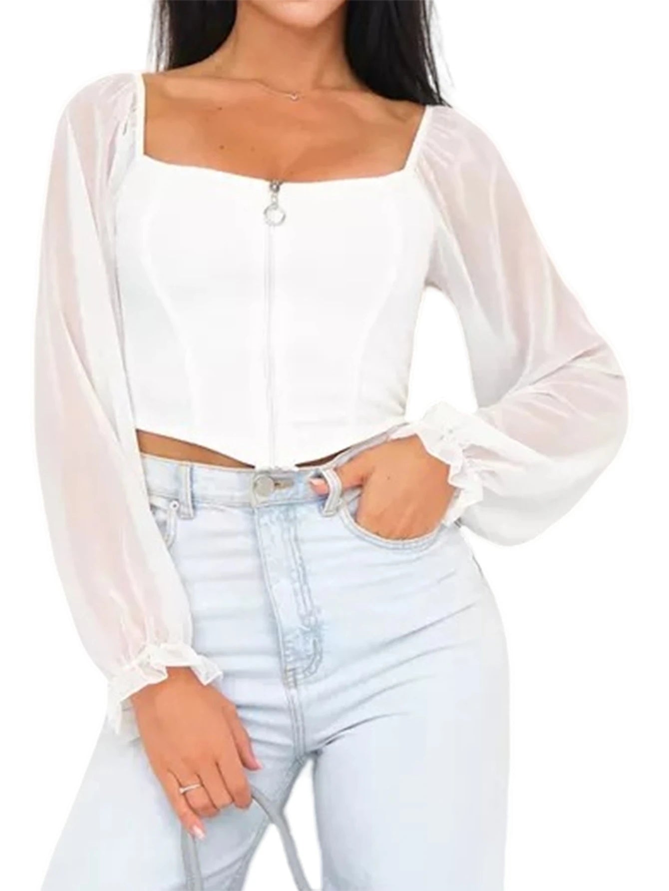 Women Mesh Crop Tops Long Sleeve See Throgh Blouse Casual Front Zip Tops Fashionable Deep V Neck Cropped Tight Waist T Shirt Off