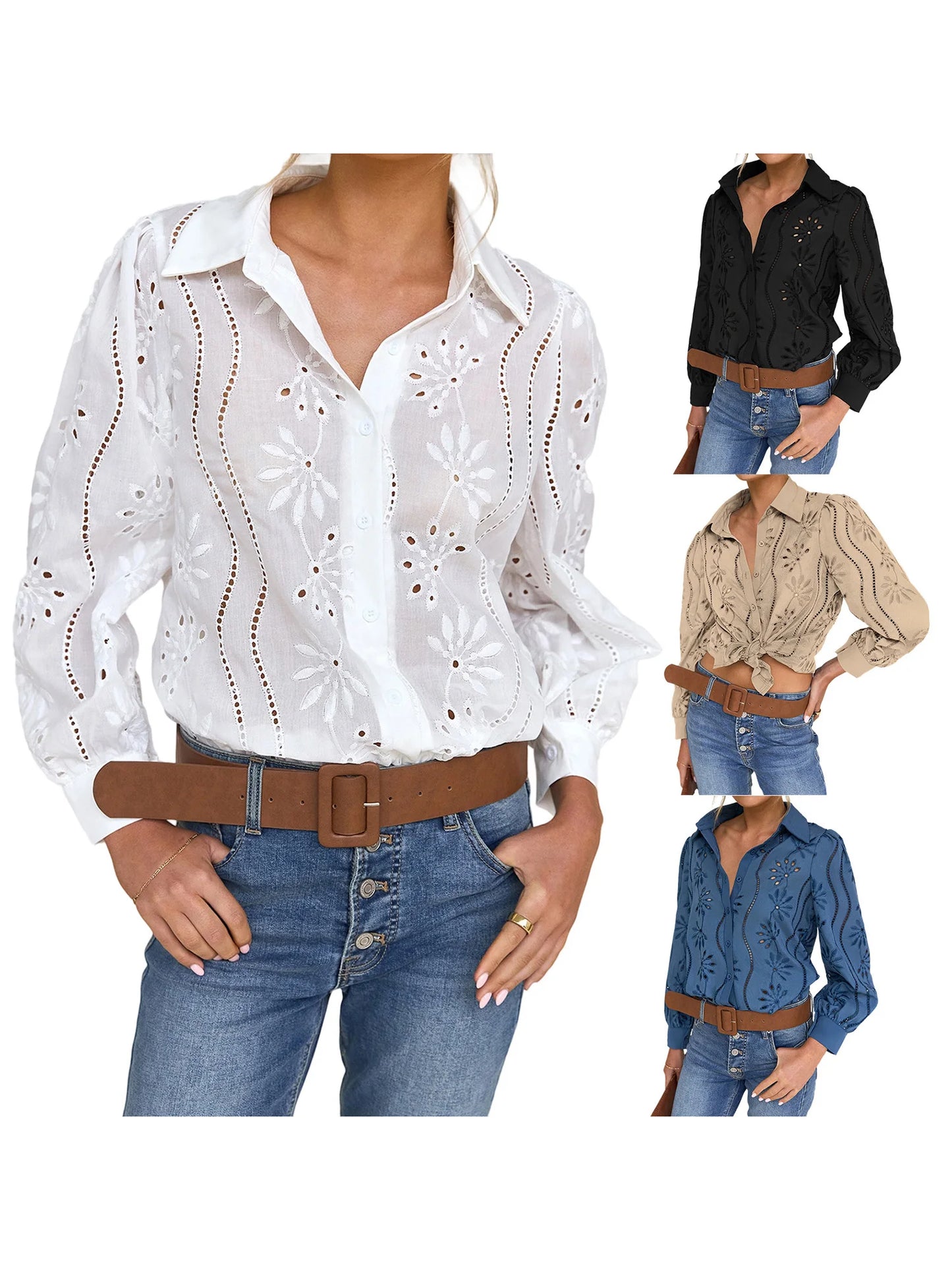 Stylish Women s Eyelet Blouse with Long Sleeves and Turn Down Collar in Solid Color Loose Fit Shirt for Fashionistas