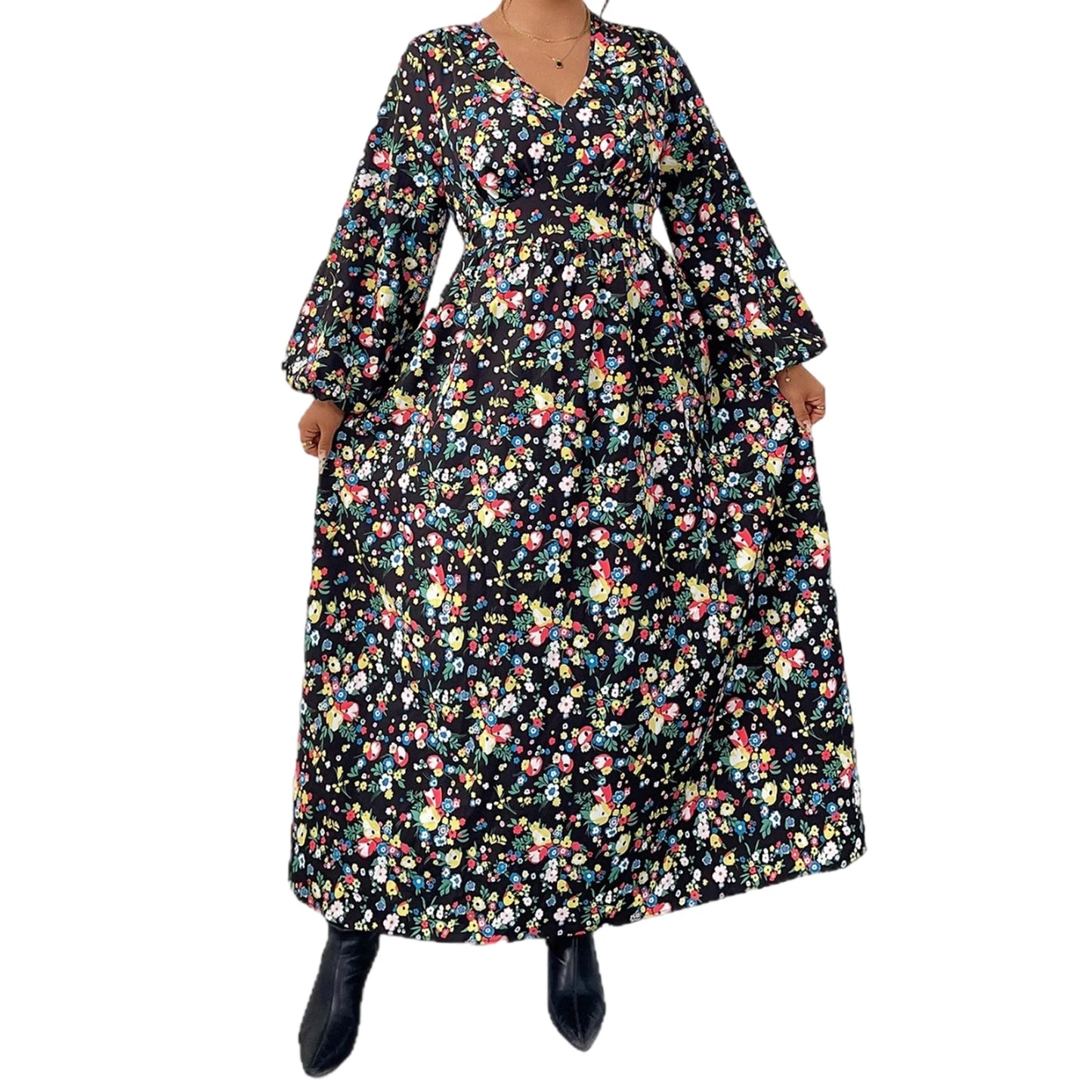Elegant Maxi Dress Flowy Long Sleeve V-neck Printed Dress for Women s Daily Wear and Special Occasions