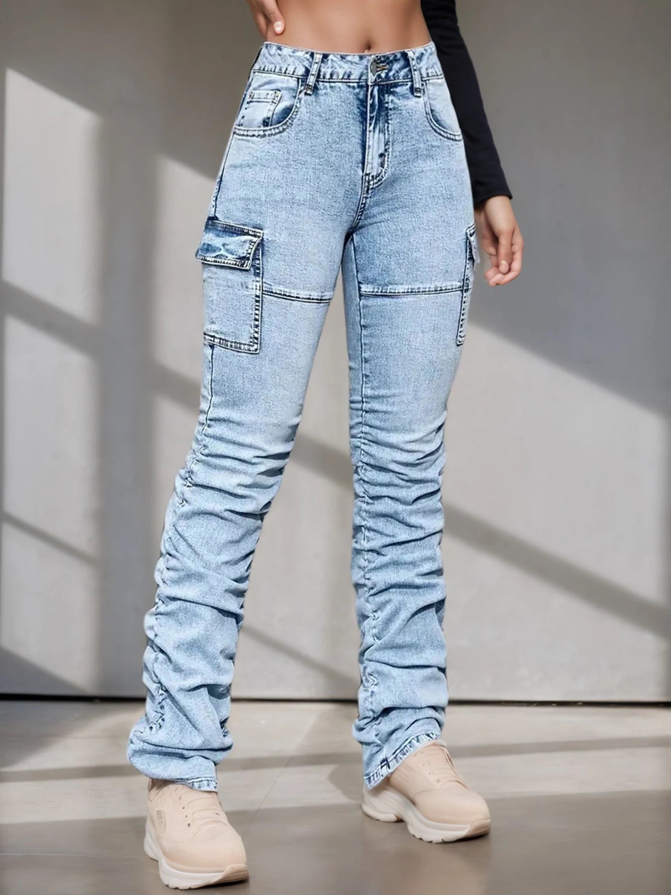2025 New Women's High Waisted Elastic Multi Pocket Workwear Jeans, Street Fashion Casual Slim Fit Stacking Pants, Comfortable Fi
