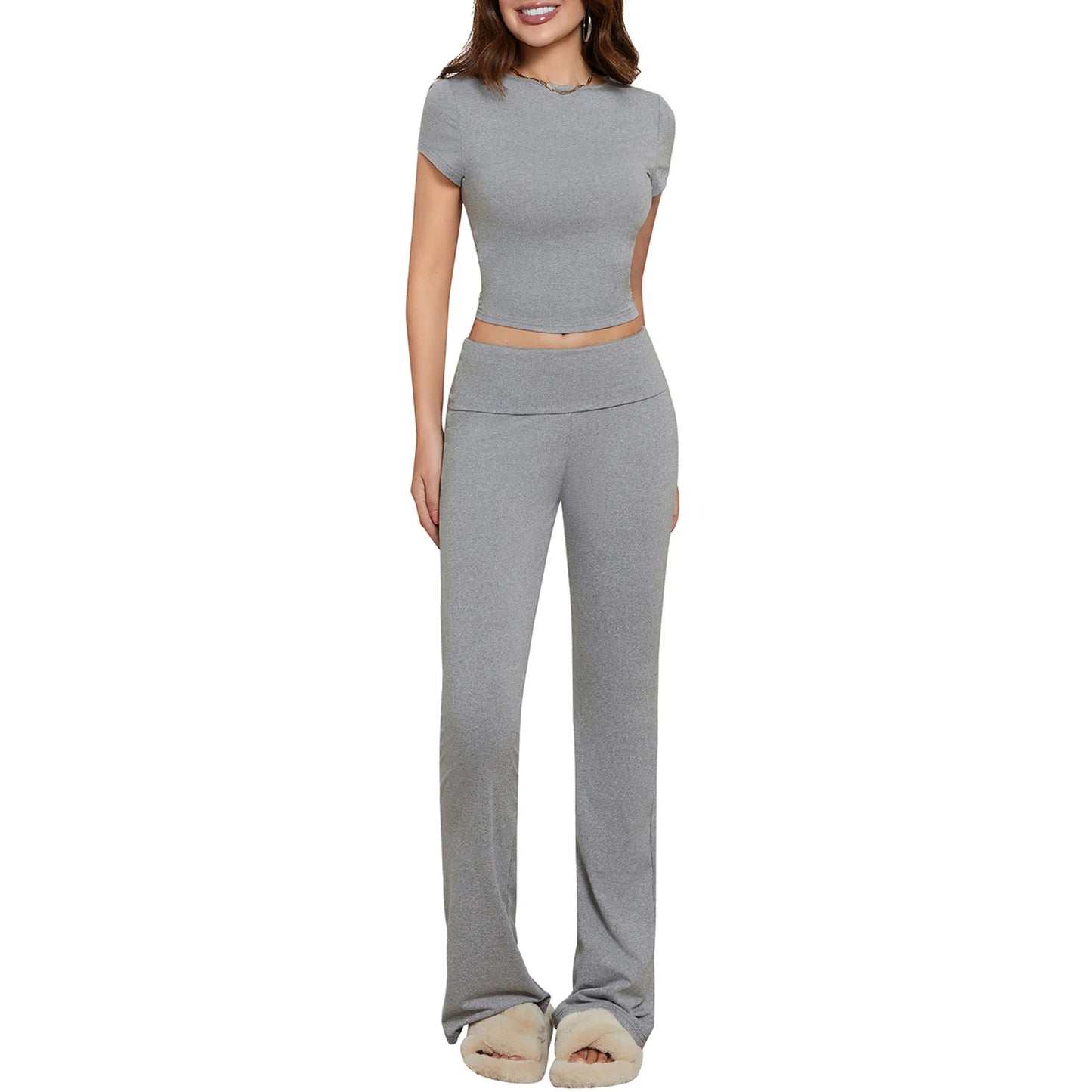 Women s 2 Piece Casual Outfits Short Sleeve Crop Tops Solid Color Skinny Pants Sets
