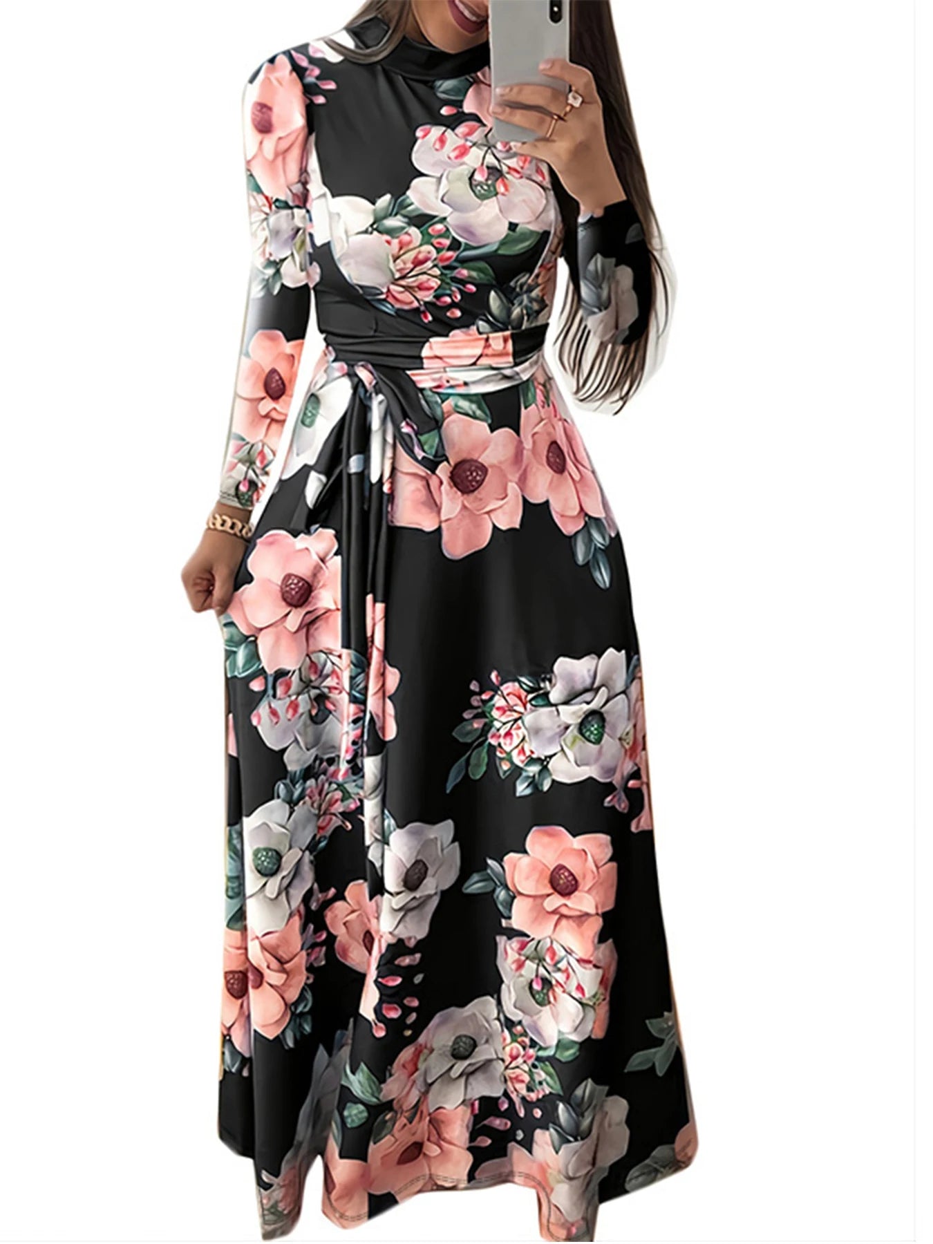 Plus Size Women's Dress Flower Print Lace-Up Elegant Long-Sleeved Round Neck Dress