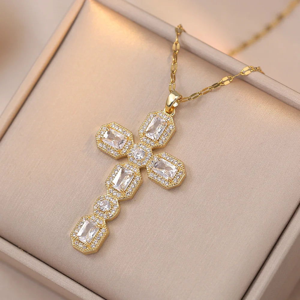 Luxury White Pink Zircon Big Cross Pendants Clavicle Necklaces For Women Stainless Steel Chains Necklace Birthday Party Jewelry