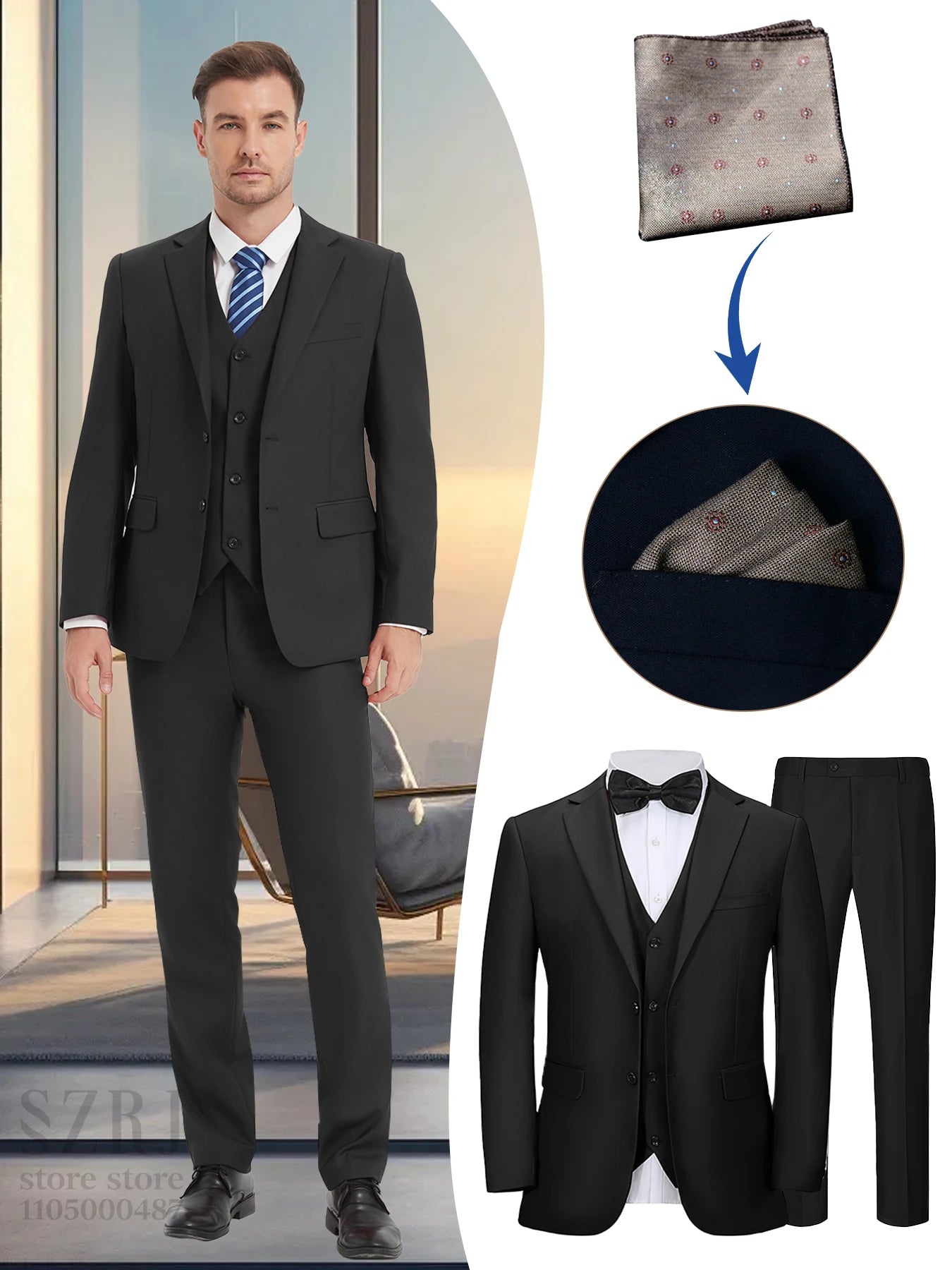 4pcs Classic Business Suit: Blazer, Vest, Pants, Pocket Square - Quality, Comfort, Stylish Lapel | Weddings/Parties/Business