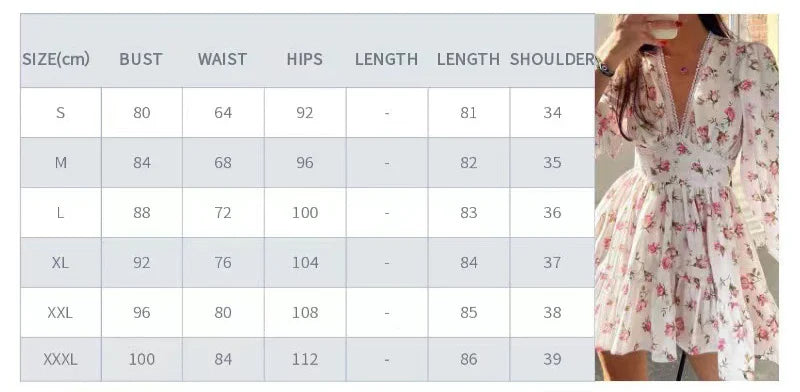 Women Floral Print Mini Dress High Waist A-Line Summer Autumn Long Sleeve V Neck Dresses Vintage Beach Vacation Casual Vestidos