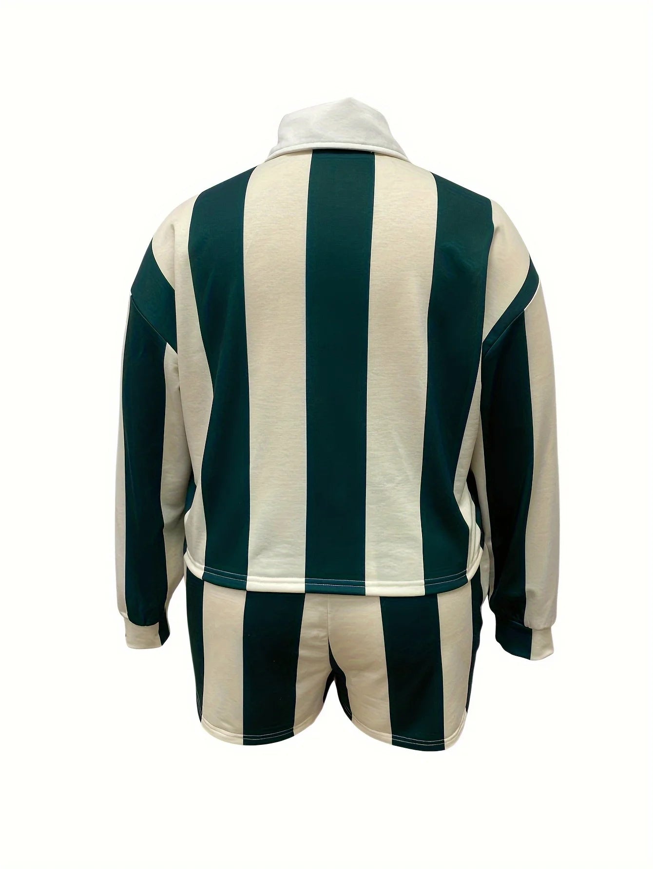 Striped Print Lapel Long Sleeved Shirt and Shorts Casual Two-piece Set