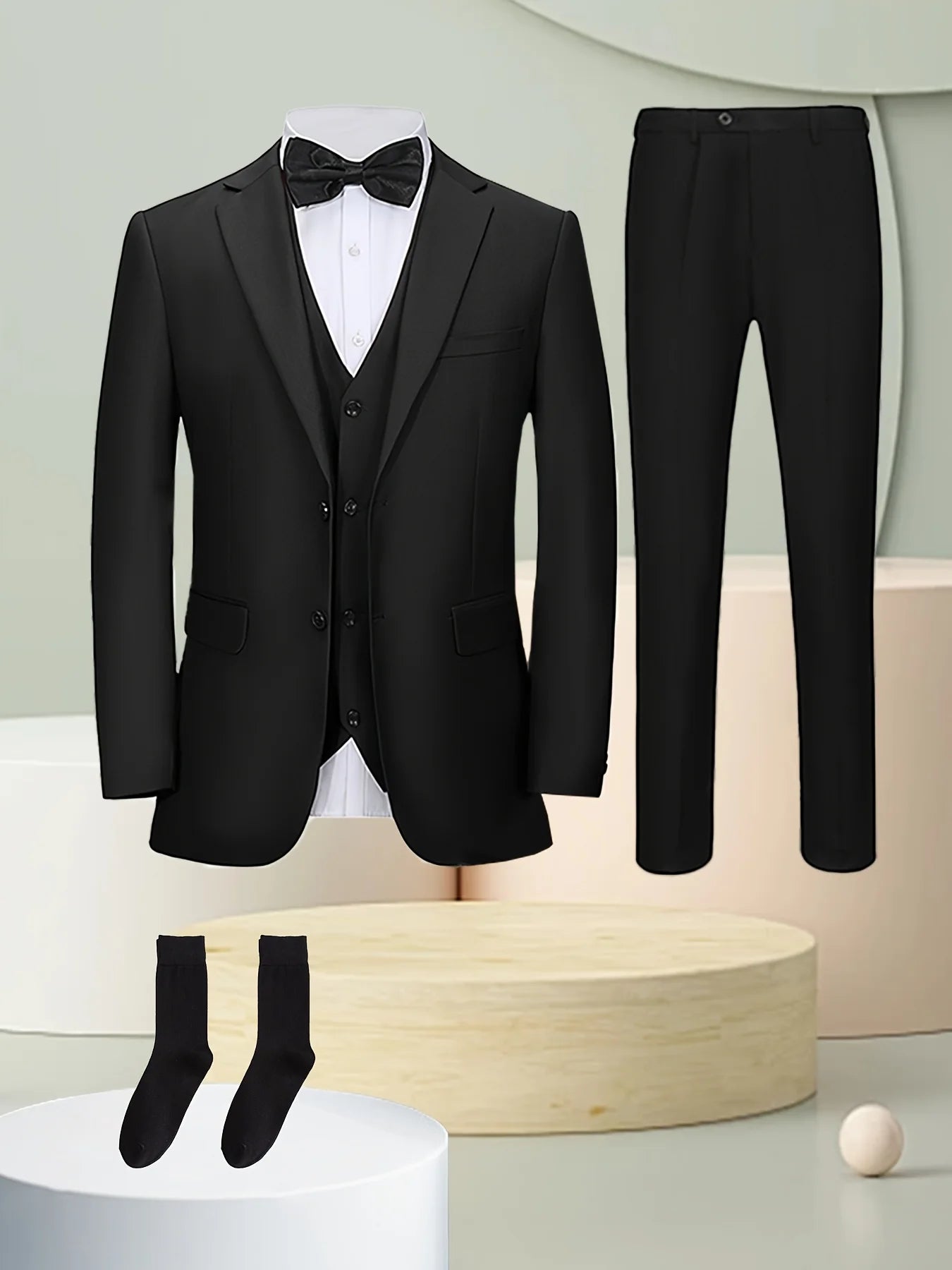 4PCS Men's Formal Tuxedo Set: Vest + Pants + Socks | Classic Solid Suit for Business/Party/Interview