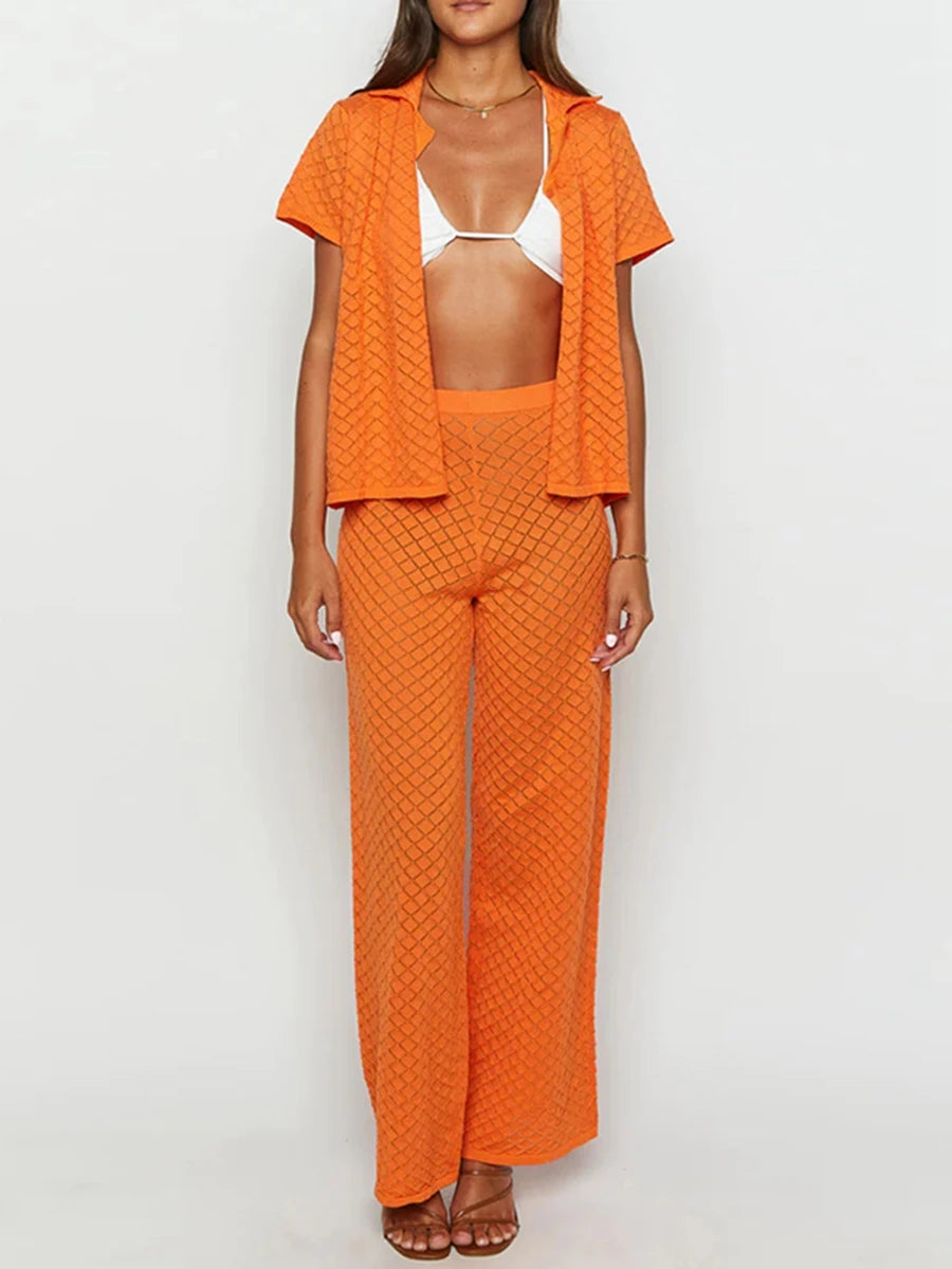 Women s 2 Piece Knit Set Lapel Neck Short Sleeve Button Down Tops Elastic Waist Wide Leg Pants Solid Color Outfits for Summer