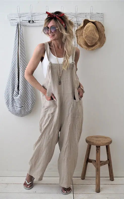 Women s Stylish Relaxed Fit Dungarees Adjustable Strap Sleeveless Jumpsuit Fashionable Wide Leg Retro Suit