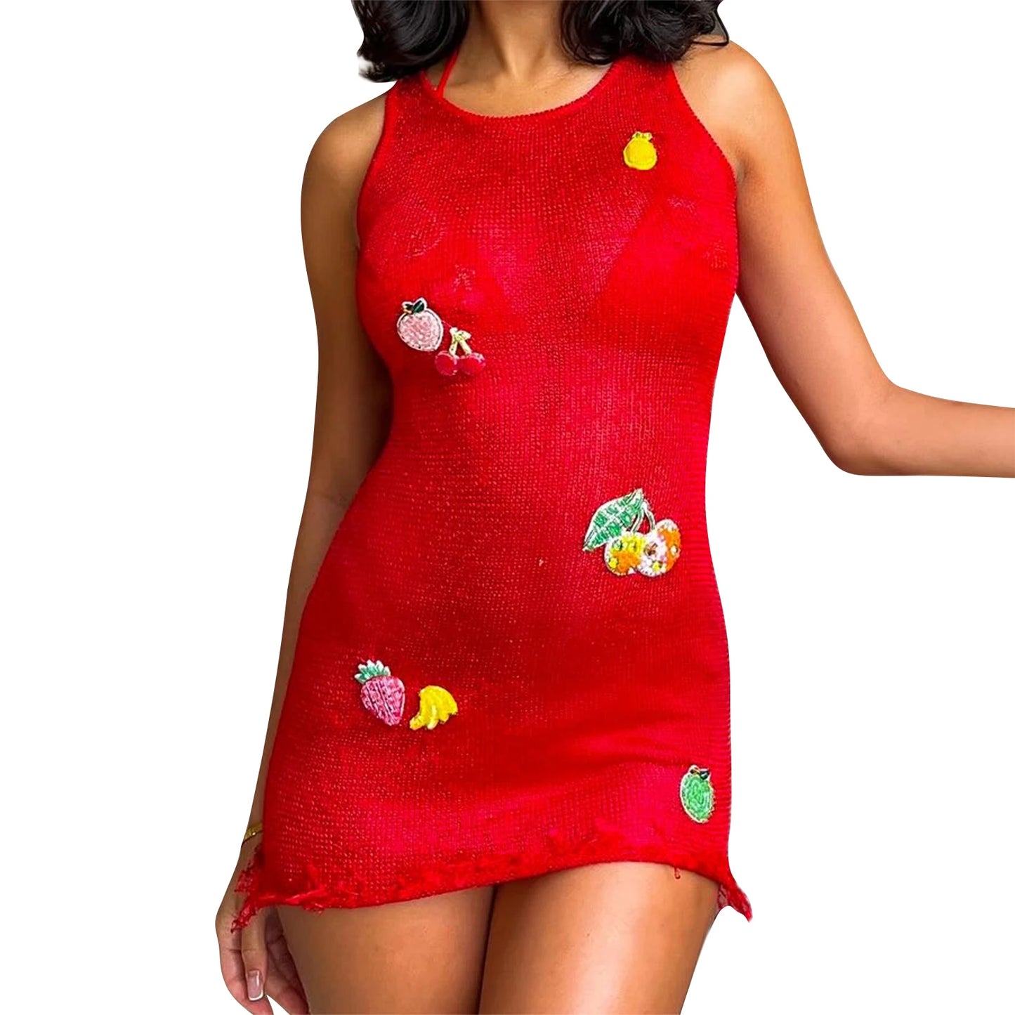 Women s Sleeveless Knitted Dress with Round Neckline and Colorful Fruit Patchwork Design Perfect for Summer Beachwear