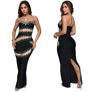 Women's Hot Drilling Craft Sexy Long Sleeve Mesh See Through Sequined Party Club Night Rhinestone Dress