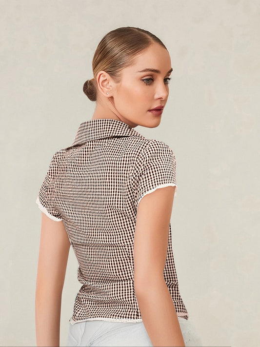 Women s Short Sleeve Plaid Shirt with Lace Trim and Turn Down Collar Button Down Blouse for Summer Casual Wear Streetwear Top