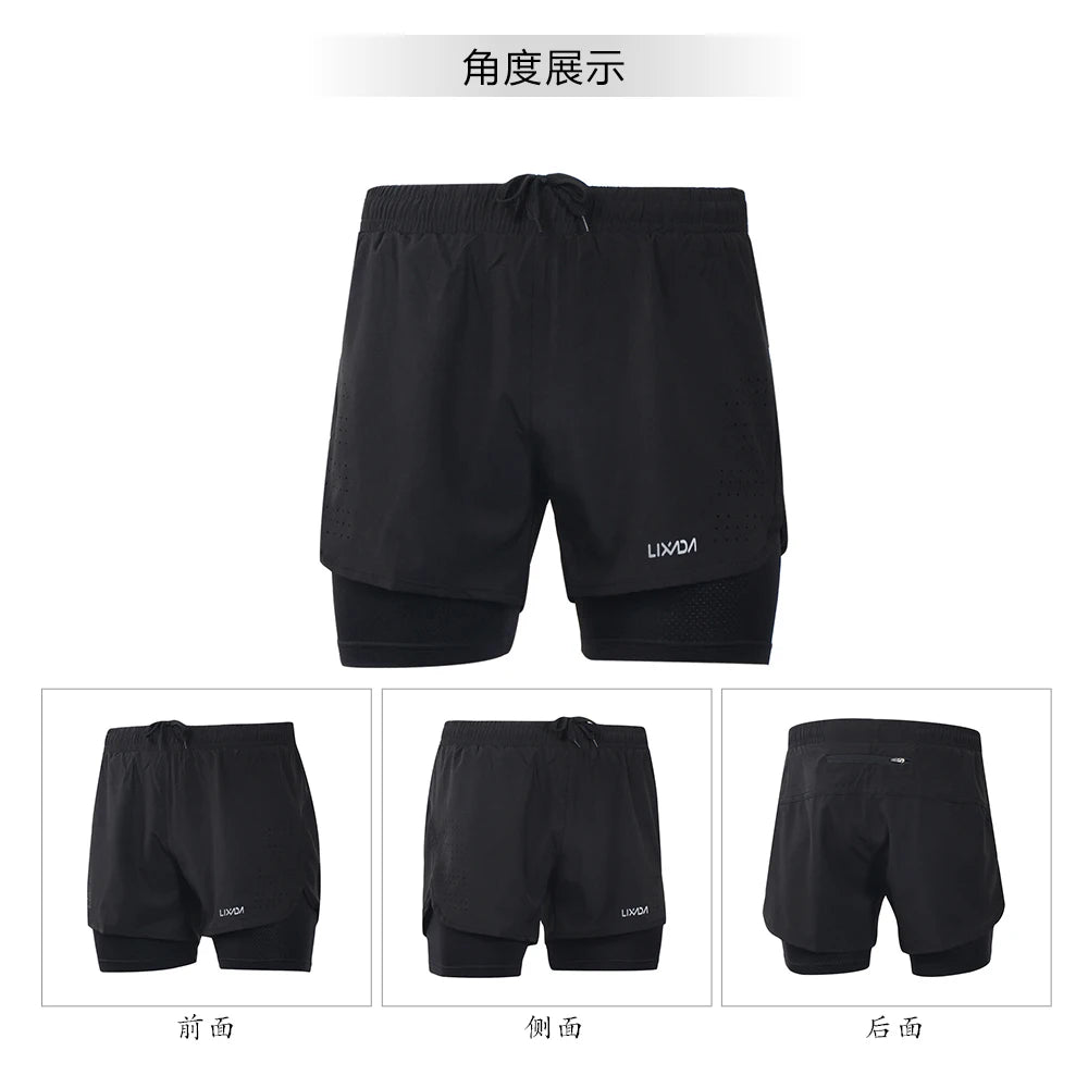 Men's 2-in-1 Running Shorts Quick Drying Breathable Active Training Exercise Jogging Cycle Shorts with Longer Liner