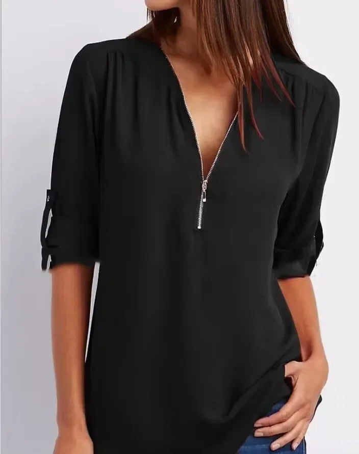 2025 Hot Sale Women Cool Loose Shirt Deep V Neck Chiffon Fashion Blouse Casual Ladies Tops Sexy Zipper Pullover Plus Size