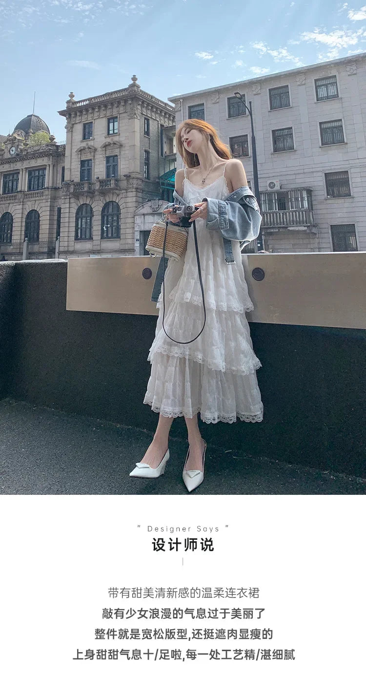 Summer  Long Vintage Casual Ruffles Elegant Maxi Strap Camis Silky Beach Lace Elegant Party Dress Vestidos Sexy Women