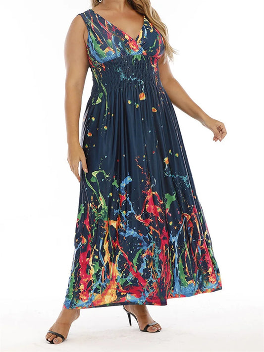 Women Plus Size Sleeveless Maxi Dress Casual Floral Print V-Neck Party Dress for Beach Club Streetwear Summer Fashion Trend