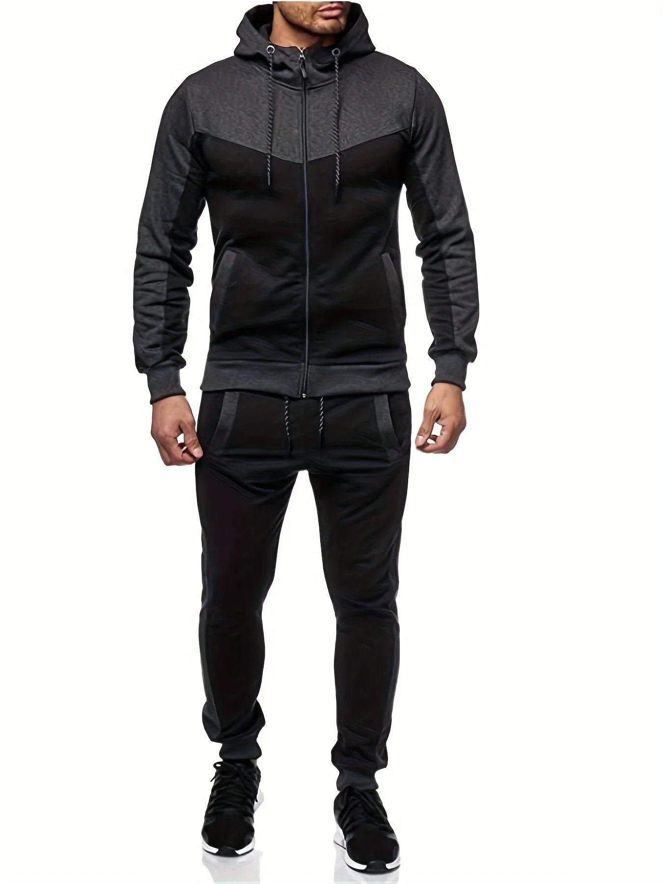 Autumn And Winter Men's Hooded Color Matching Leisure Sports Cardigan Set