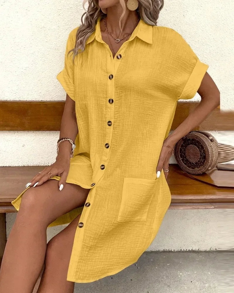 Women's Fashion Summer Minimalist V-neck Button Up Dress Woman Cotton Linen White Short Sleeved Pocket Casual Loose Shirt Dress