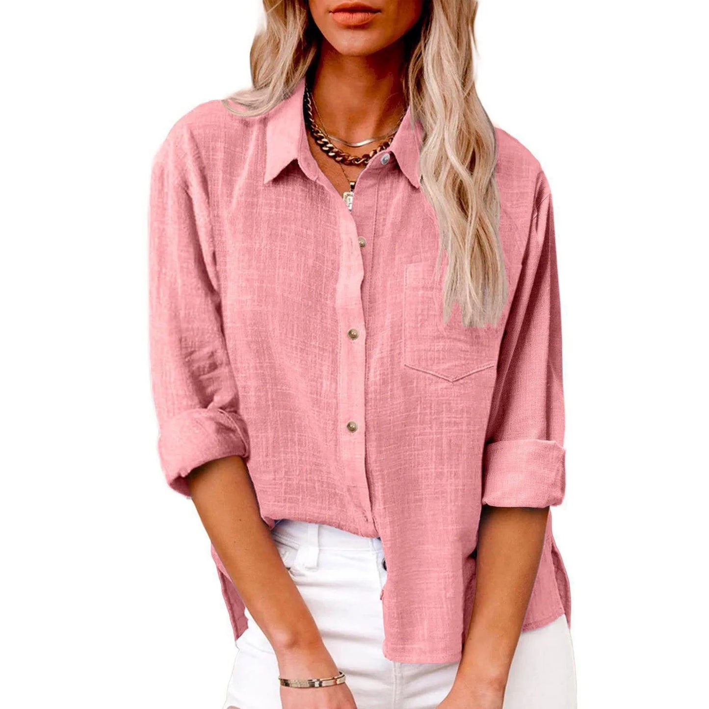 Women's Fashion Solid Color Cotton and Linen Shirt Autumn Long Sleeve Button Solid Color Loose Shirt Casual Large Size Shirt