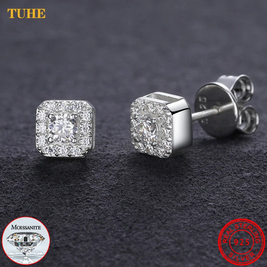 D VVS1 Pass Diamond Tester Unisex Moissanite Square Stud Earrings 925 Sterling Silver For Women Men Fine Jewelry Earring Gift