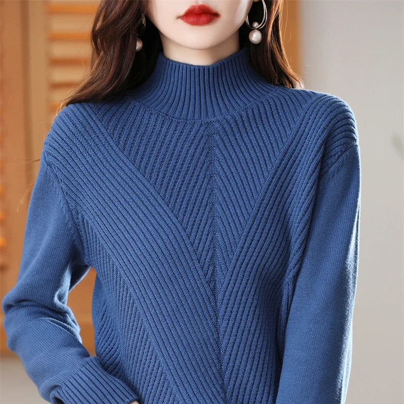 Women's 100% Pure Cotton Knitted Sweater Semi High Neck Solid Color Pullover Autumn and Winter Thick Casual Knitted Women's Top