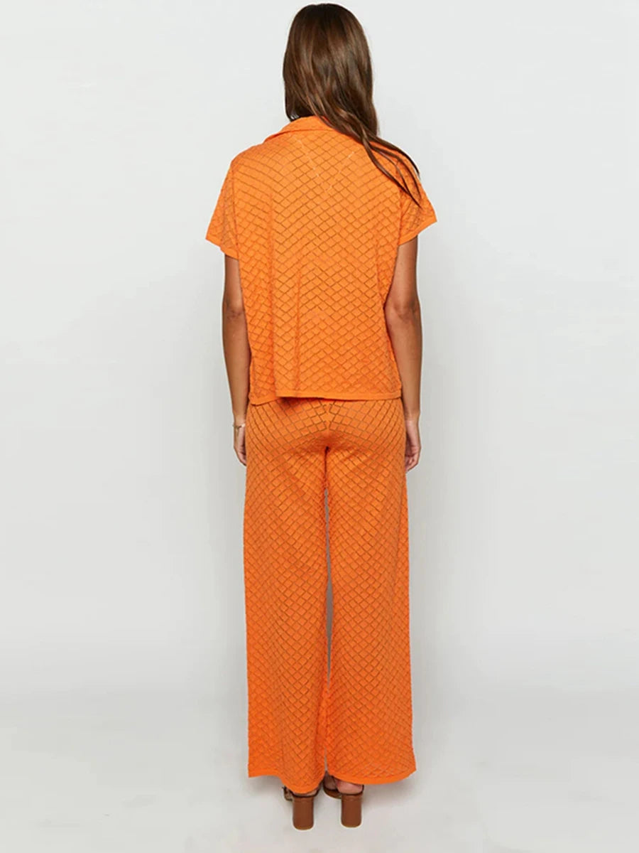 Women s 2 Piece Knit Set Lapel Neck Short Sleeve Button Down Tops Elastic Waist Wide Leg Pants Solid Color Outfits for Summer