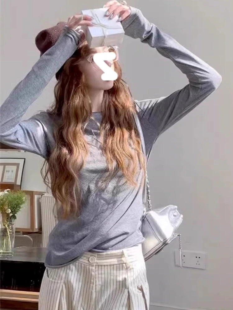 Zjaiss 2026 Spring Casual Lazy Style Women's Long Sleeve T-Shirt Fashion Elegant Inner Wear Basic Top Rolled Edge Slim Fit Tee