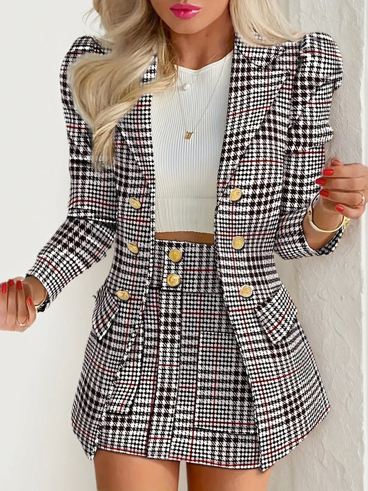 Ladies' suit dress with plaid buttons, elegant dress set, lapel long sleeved suit jacket, high waisted dress, women's clothing