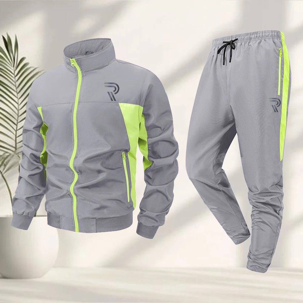 Men's Fashion R Icon Print Tracksuit Zipper Jacket And Drawstring Sweatpants Summer Outdoor Casual Fitness Training Apparel