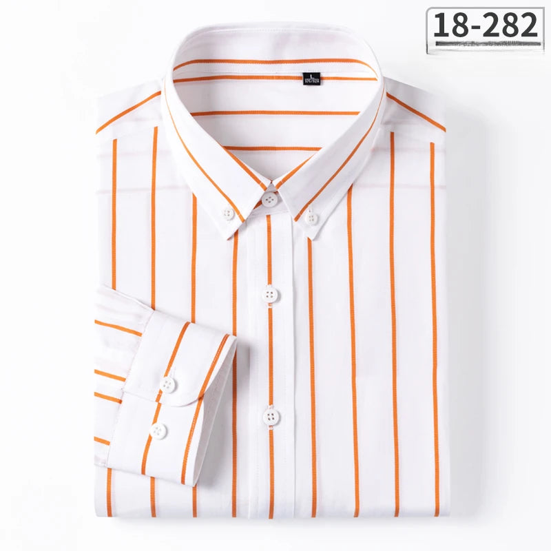 New in Shirt 100% Cotton Long-Sleeve Shirts for Men Slim Fit Plain Shirt Thin Plaid Striped Tops Fashion Elegants Office Clothes