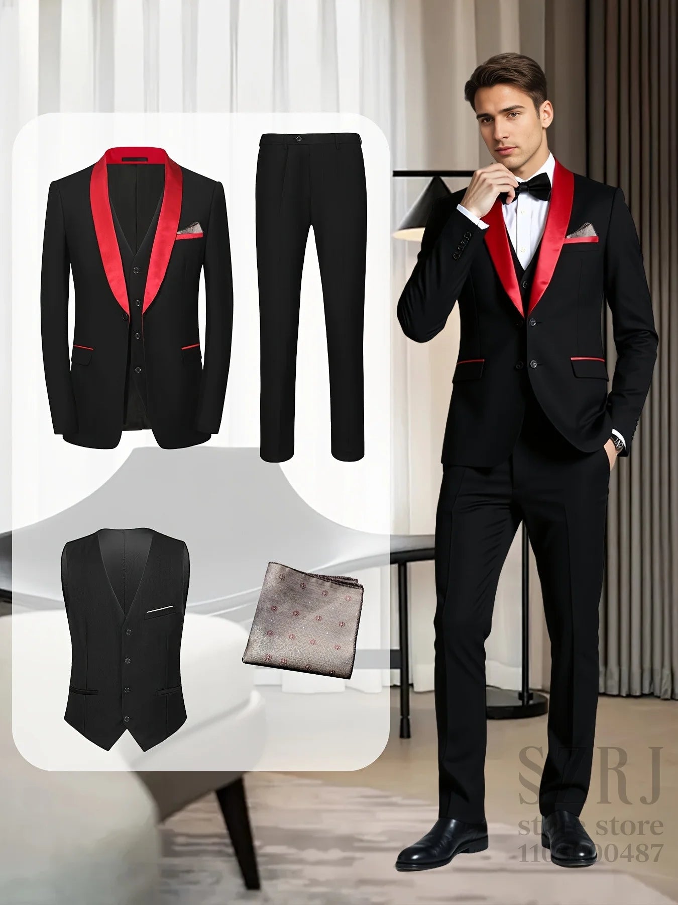 Men'S 4pcs Tuxedo Suit: Jacket, Vest, Dress Pants &Pocket Square