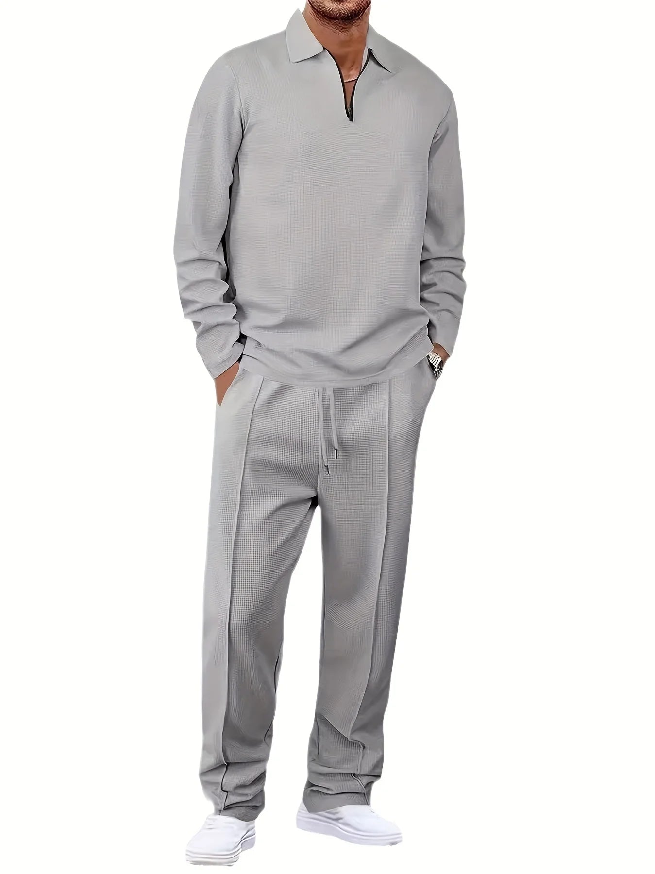 The new men's spring and autumn Waffle long-sleeved and long pants sportswear and casual set is made of comfortable and breatha