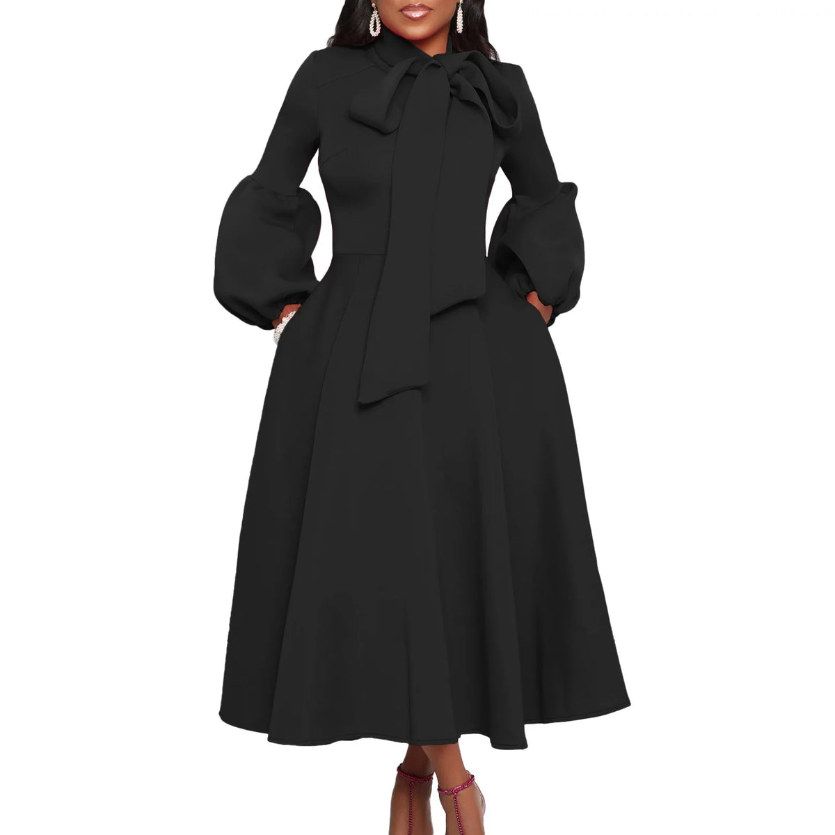 Elegant Party Dresses for Women Luxury Woman 2024 Bow Collar Full Sleeve High Waisted Pleated Mid Calf Birthday Dinner Celebrate