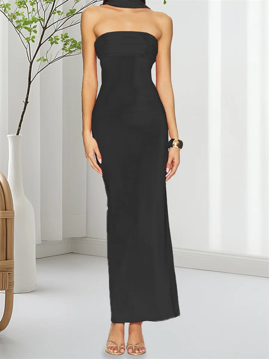 Elegant Off-Shoulder Maxi Dress with Side Slit and Tie Waist Detail Perfect for Summer Parties and Events