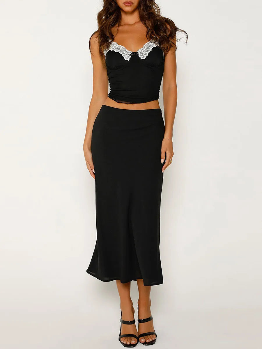 Women’s Summer Set Sleeveless Lace Trim Cami Tops Low Waist Midi Skirt with Side Zipper 2 Piece Set