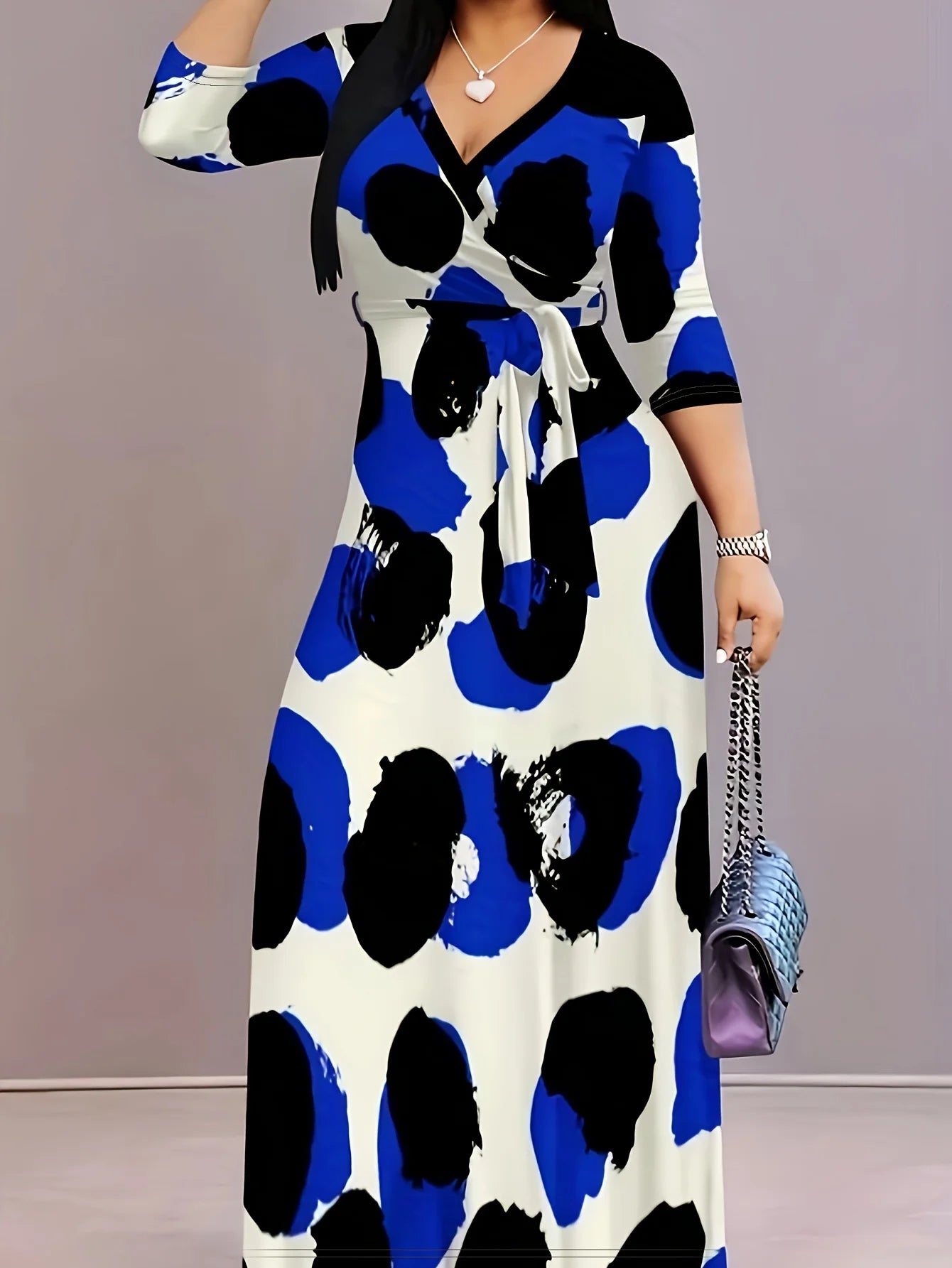 Casual Graphic Print V Neck Half Sleeve Floor Length Belted Maxi Resort Dress