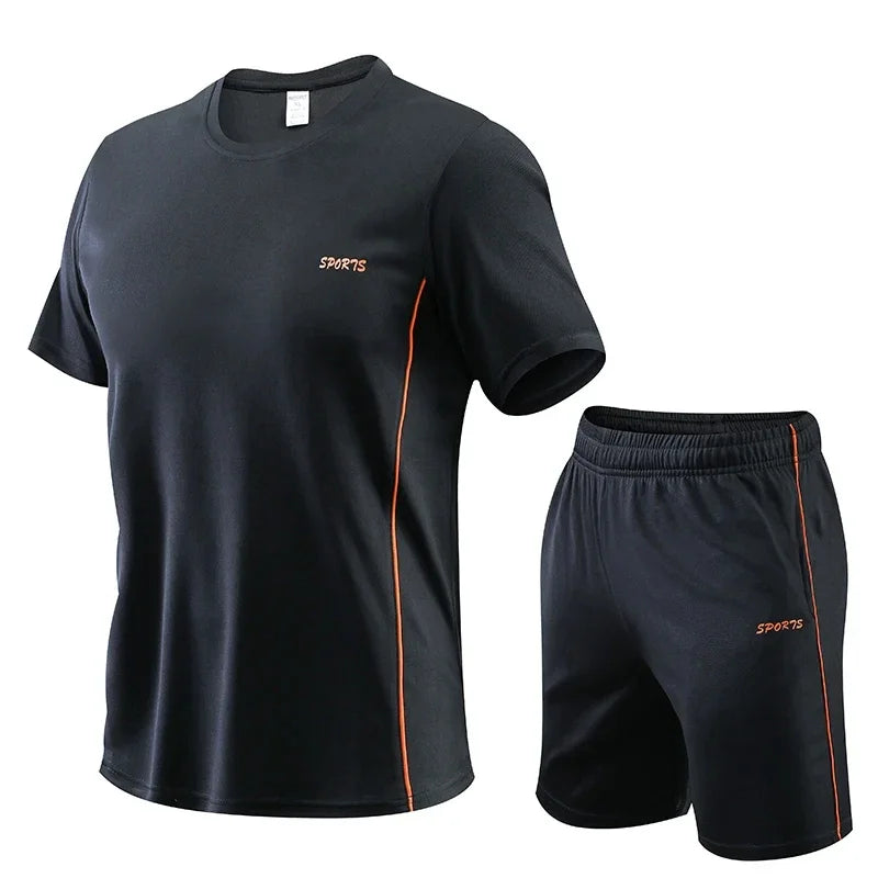 Men's Running Set Summer Quick Drying Sweat-absorbing Short Sleeved T-shirt Shorts Sports Suit Two-piece Set Men