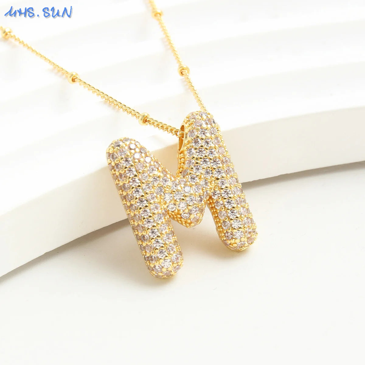 MHS.SUN Gold Plated Balloon 26 Letter Necklaces Copper Zircon Bubble Initial Pendant Chunky Women Personality Chain Jewelry