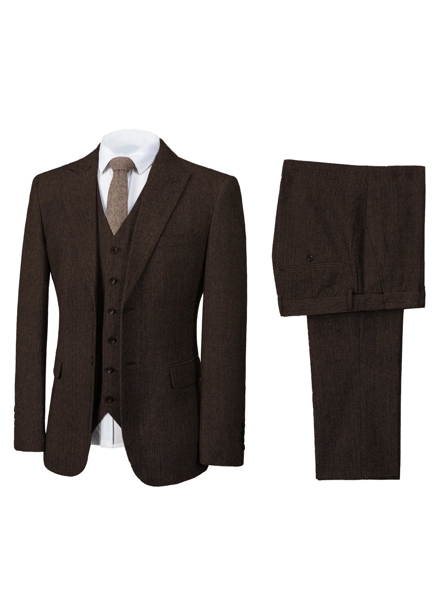 Elegant Men's Suit 3pcs Tweed Herringbone Wedding Suit Prom Tuxedos Peak Lapel Dress (Blazer+vest+Pants)