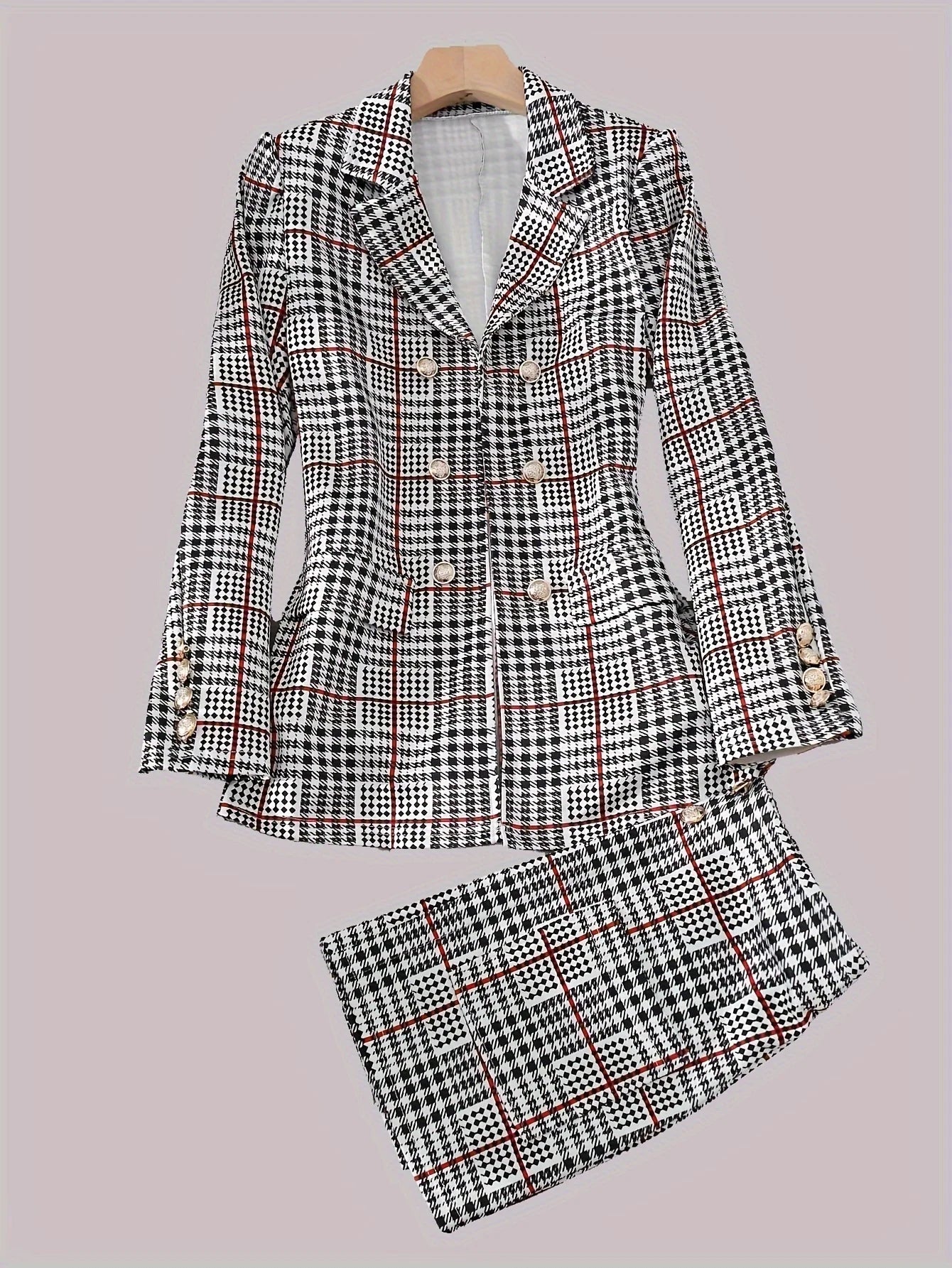 Ladies' suit dress with plaid buttons, elegant dress set, lapel long sleeved suit jacket, high waisted dress, women's clothing