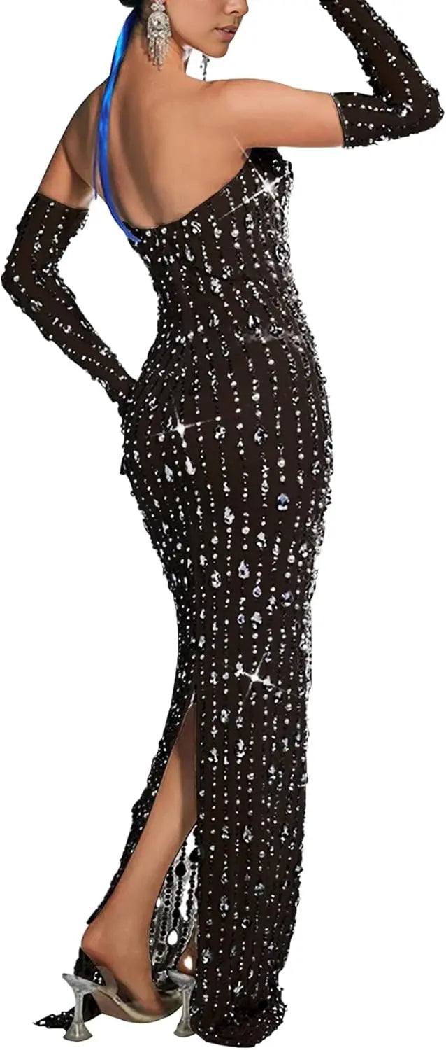 Women's Hot Drilling Craft Sexy Long Sleeve Mesh See Through Sequined Party Club Night Rhinestone Dress