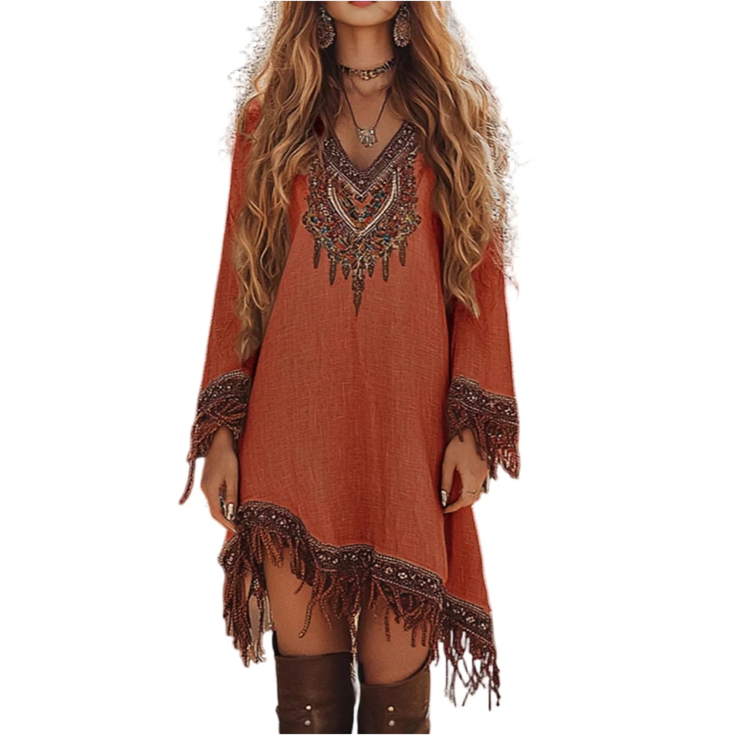 Womens Summer Dress Fashion Casual Fit Flowy Lace Loose Print Long Sleeve V Neck Dress Elegant Women'S Dresses Vestidos De Mujer