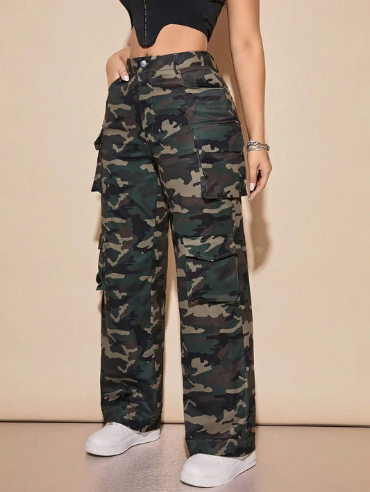 2025 Newest Camouflage Cargo Pants Women's High Waist Wide Leg Pants Loose Pants with Flat Pockets
