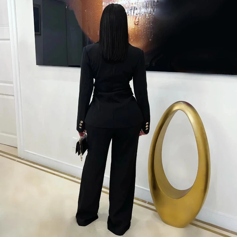 Sexy Two Piece Outfit Women Deep V Embellished Lapel Blazer Wide Leg Pants Sets Fashion Formal Evening Clubwear Party Suit